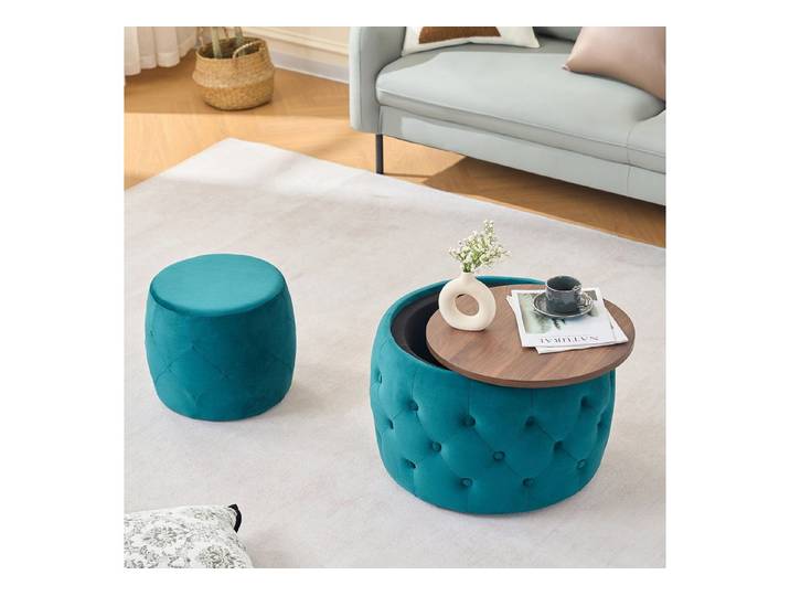 i@home Sitzhocker Luxuriöses 2er-Set Sitzhocker aus Samt mit Stauraum (Nesting-Hocker, Holzablage & 4-in-1-Funktion), Wohnzimmer-Sitzhocker, Fußhocker, Beistelltisch, Aufbewahrung