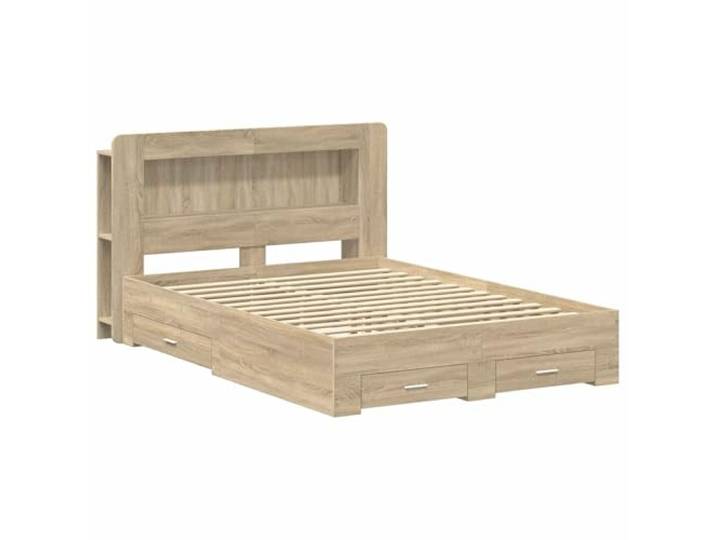 Keeushr Bettgestell mit Stauraum und Kopfteil Sonoma-Eiche 150 x 200 cm Holzwerkstoff, Schubladen, Kopfteil-Schrank, vertikale Ebenen, Bücher, Accessoires, einfache Montage, feuchtes Tuch