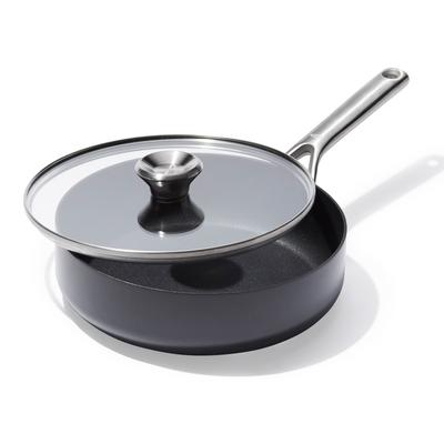 Servierpfanne OXO GOOD GRIPS "Ceramic Professional Antihaft-Sauteuse 24 cm mit Deckel", schwarz (silberfarben, schwarz), H:10,2cm L:43,2cm Ø:24cm, Pfannen, mit hohen Wänden, ideal für Anbraten, Saucen und sanftes Köcheln