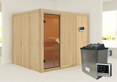 Elementsauna Karibu Gobina inkl. 9 kW Ofen u.ext.Steuerung ohne Dachkranz mit bronzierter Ganzglastüre