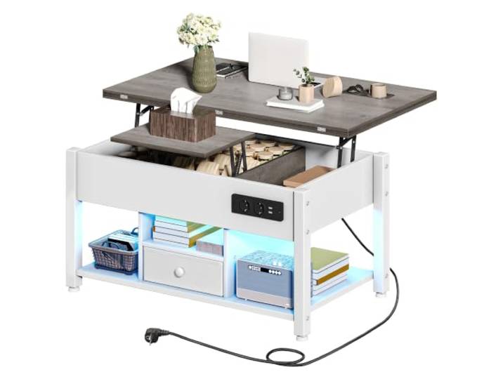 DWVO 4-in-1 Hochklappbarer Couchtisch mit LED, Steckdose, Weiß&Grau
