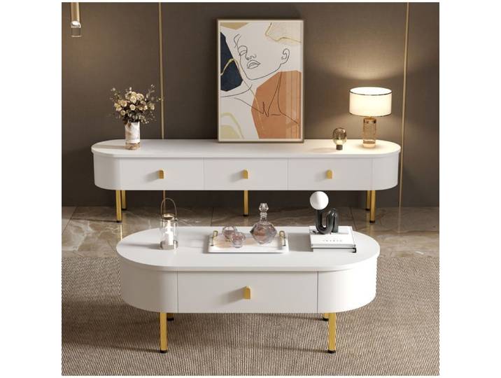 ROVRYN Ensemble salon meuble TV et table basse MDF blanc et doré bords arrondis tiroirs de rangement