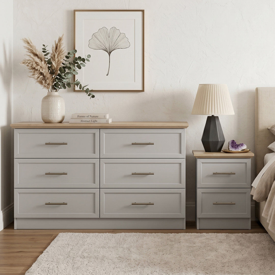 August Grove Arata Bedside Table And 6 Drawer Chest Bedroom Set Light Grey