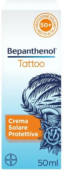 Bepanthenol Tattoo Crema Protezione Solare Molto Alta SPF50+ Per Tatuaggio, Con Pantenolo, Idrata e Rigenera la Pelle Tatuata 50ml