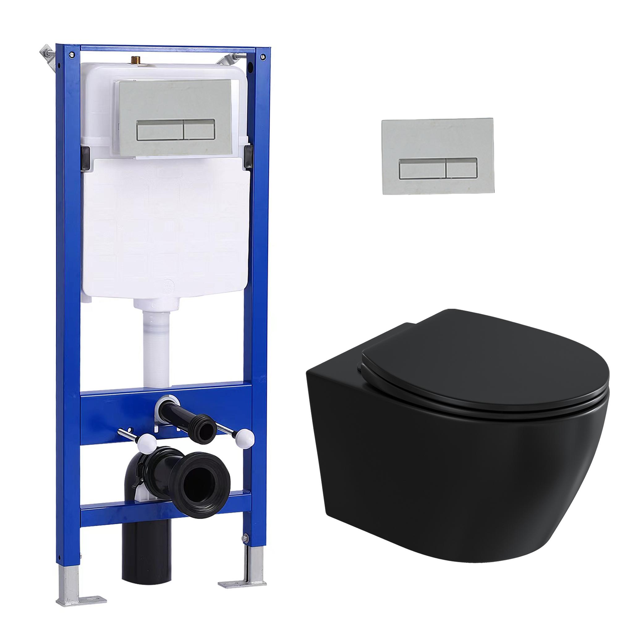Pack WC Vorwandelement Set + Matt Schwarz Hänge WC Toilette + 114 cm Unterputzspülkasten mit Rechteckig Chrome Drückplatte HOROW