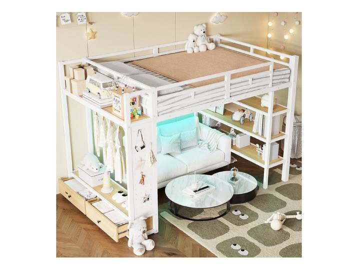 OKWISH Hochbett Funktionsbett Kinderbett (Metall-Hochbett mit Ablagefächern,mit offenem Kleiderschran, 1-St., 234 x 148 x 165)