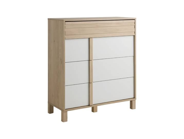 Commode 4 tiroirs effet bois clair et blanc h107
