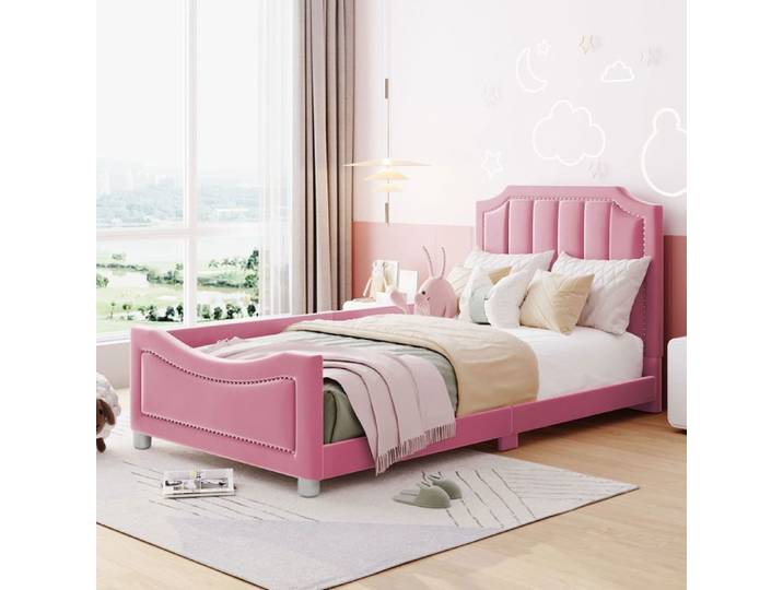URTR Lit rembourré enfant 90x200cm - Dossier et accoudoirs - Rivets décoration - Coin de lit rond - Flanelle/MDF/Bois massif - Rose