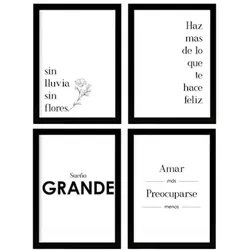 POSTER Set mit 4 Glücklich TypografieStil A4 Schwarzer Rahmen