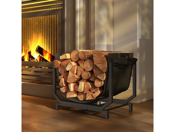 Outsunny Range-Bûches Métal Noir avec Sac 53x33x43 cm