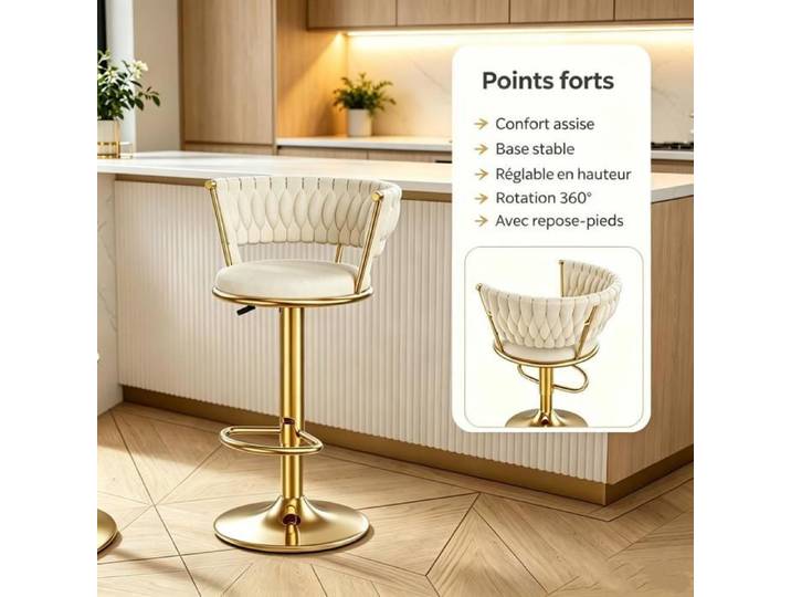 Chleby Tabouret de Bar Velours Crème Réglables Hauteur Rotation 360° Chaise Bar Rembourrées Piètement Doré Pour Cuisine Îlot