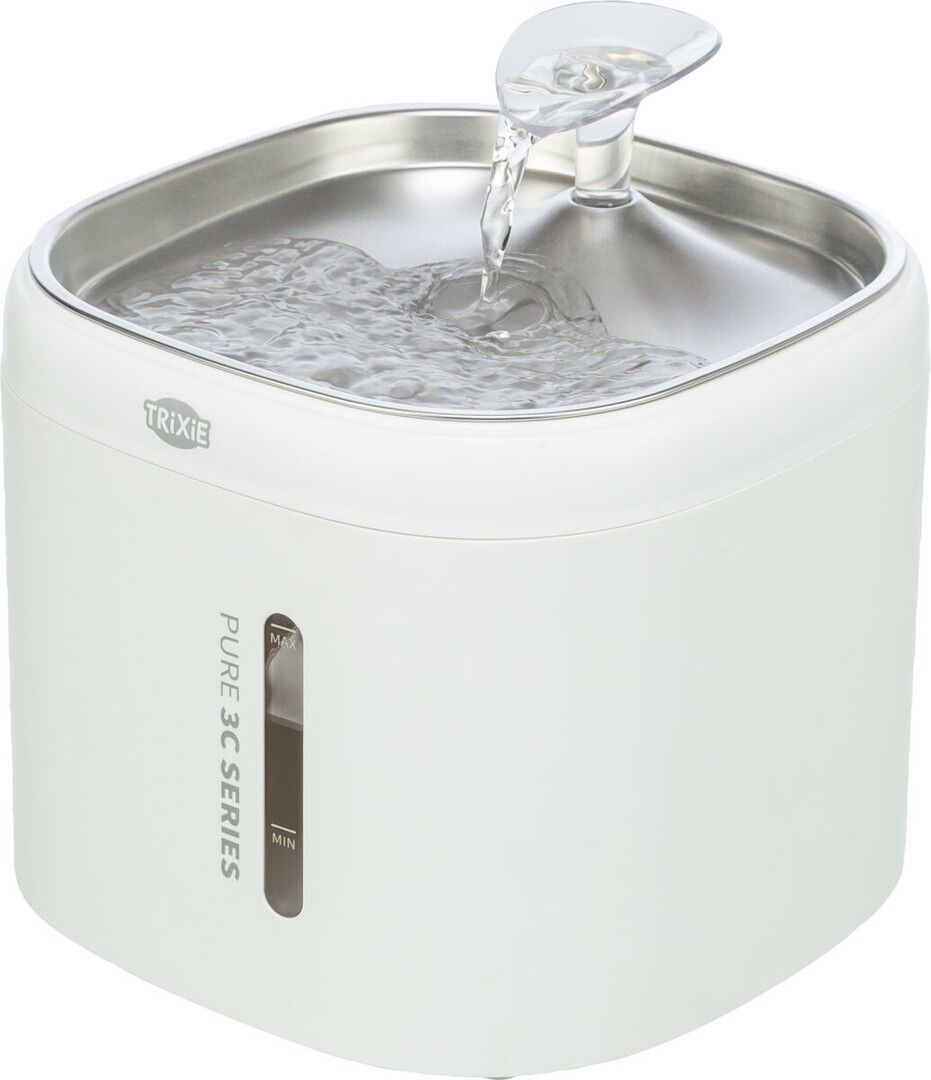 TRIXIE Aqua Pure Trinkbrunnen mit Edelstahltrinkschale und Wasserstandsanzeige, weiß