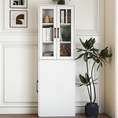 Abrihome Modern Wooden Bookshelf Display Storage Cabinet with Multi-tier Shelves and 2 Glass Doors