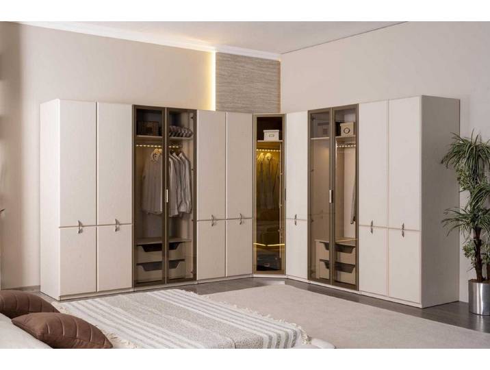 JVmoebel Kleiderschrank Moderner Kleiderschrank Beige Glas Holz Schlafzimmer