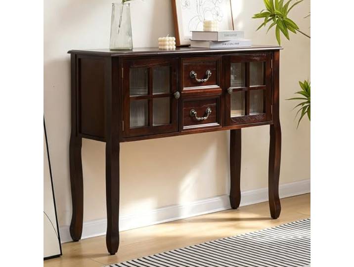 Massivholz Konsolentisch mit Schubladen, Flur- und Sofatisch aus Holz Massivholz-Rahmen, Stabile Konstruktion, Vielseitiger Stauraum, Einfache Montage(Dark Walnut,Medium)