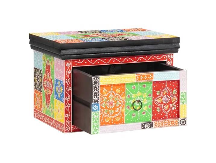 HEFZGDB Nachttisch 2 Stück 40x30x28 cm Massivholz Mango & Holzwerkstoff mit handbemaltem geometrischen Blumenmuster und Schublade für Schlafzimmerdekoration