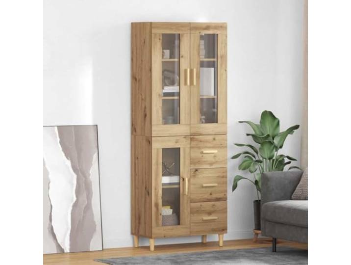 RJPLMFV Aufbewahrungsschrank Eiche 69,5 x 34 x 180 cm Glastüren, stabile Regale, quadratische Griffe, moderner Stil, Montage erforderlich