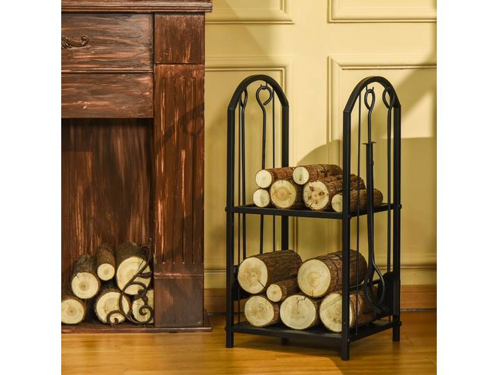 Outsunny Porte-bûches 2 Niveaux Métal Noir 74,5cm