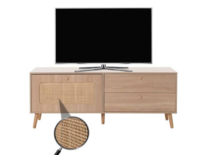 Mendler TV-Rack HWC-M38 Kubu Rattan Holz 56x140x41cm Eiche-Optik