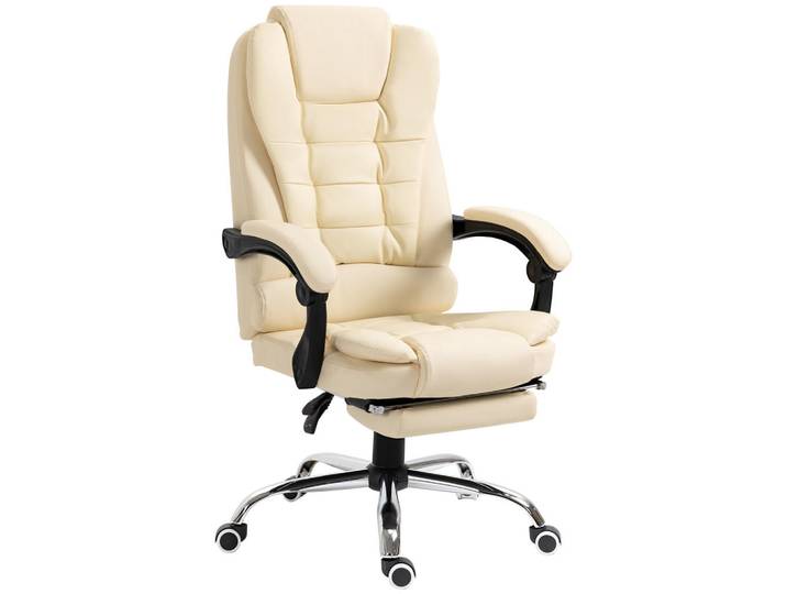 Homcom Chefsessel Bürostuhl mit Fußstütze, Schreibtischstuhl mit Neigefunktion Creme, Leder, 69x117x64.5 cm, Büromöbel, Bürostühle, Chefsessel