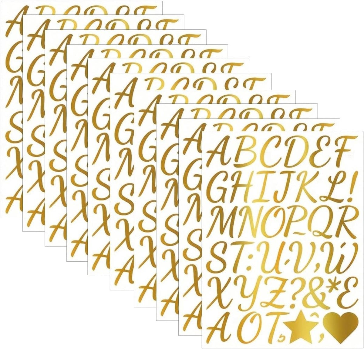 Set van 390 zelfklevende letterstickers in goud glitter voor decoratie en creatief schrijven