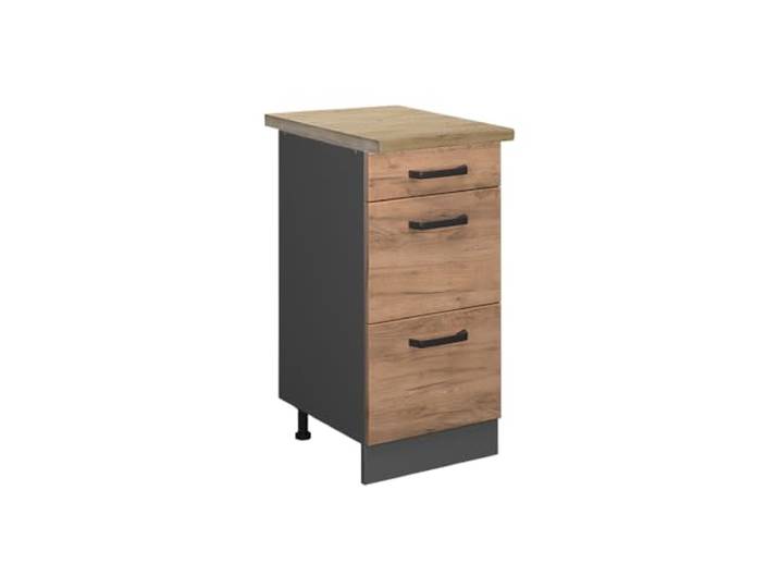 Vicco Küchenunterschrank R-Line, Goldkraft Eiche, 40 cm 3 Schubladen · Arbeitsplatte Eiche · Höhenverst. Füße · Leichter Zugriff · Frei kombinierbar