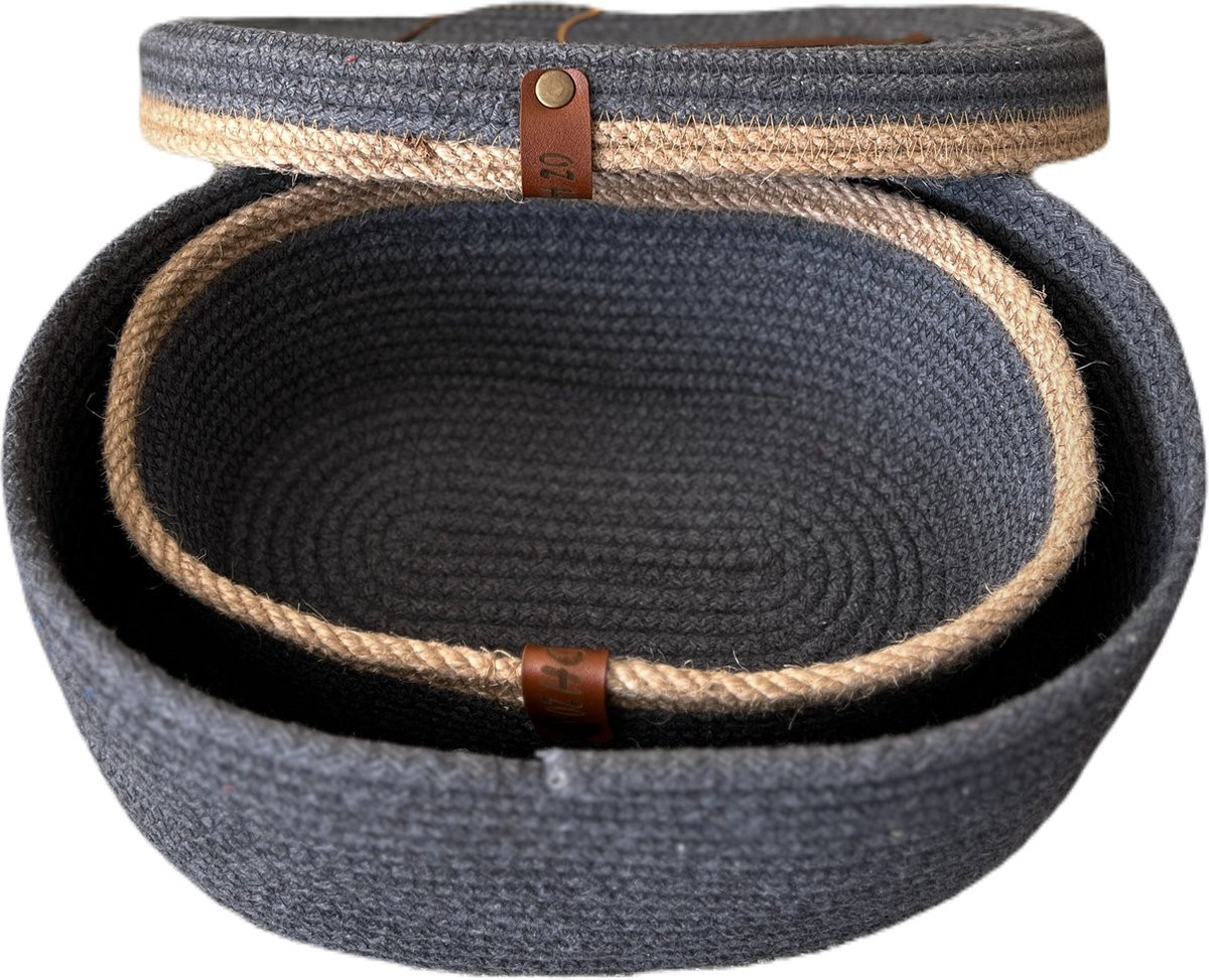 OZ Home 2-delige Mandenset met Deksel - Ovaal - Donkerblauw/Beige