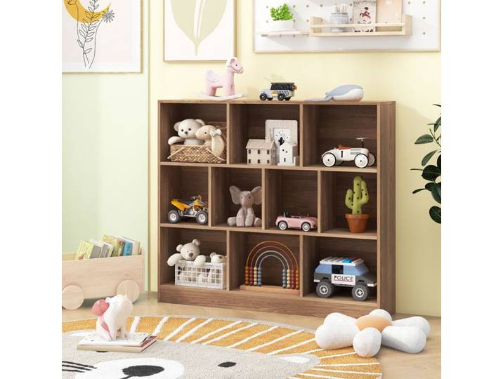DREAMADE Bibliothèque en Bois à 3 Niveaux Etagère de Rangement à 10 Cubes avec 2 Kits Anti-basculement pour Jouet Livre Naturel