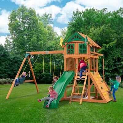 Gorilla Playsets Avalon Wooden Swing Set with Wood Roof and Monkey Bars - Amber