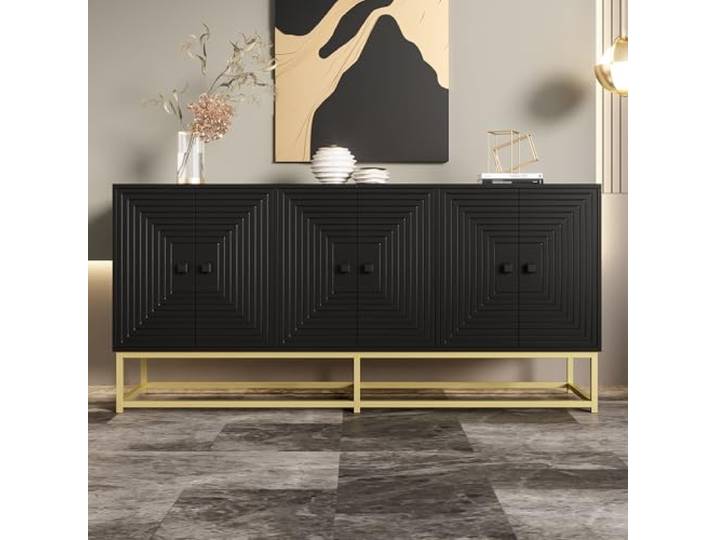 Merax Sideboard Schwarz,Moderner Aufbewahrungsschrank mit 3 Doppeltüren, Kratzfester Oberfläche & Metallfüßen – Kommode für Wohnzimmer, Esszimmer, Flur & Büro - 160x38x75,5cm