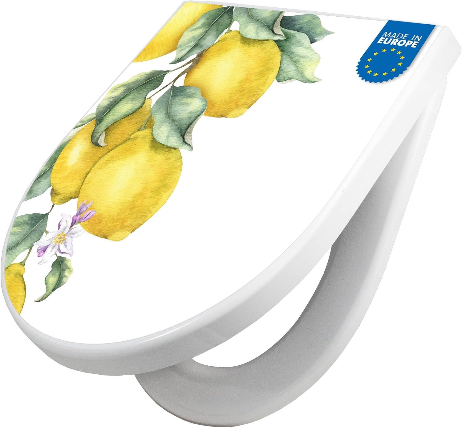banjado WC-Sitz in D-Form mit Absenkautomatik, Softclose-Toilettendeckel aus stabilem Duroplast, weiße Klobrille mit Motiv Zitronenzweig Aquarell