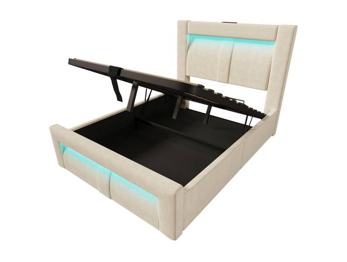 Oxeza Polsterbett 90/200 cm Beige mit Stauraum, LED-Beleuchtung, USB und Type-C-Ladeanschlüsse, Mode, Rechteckig, 90x200 cm, Schlafzimmer, Betten, Polsterbetten