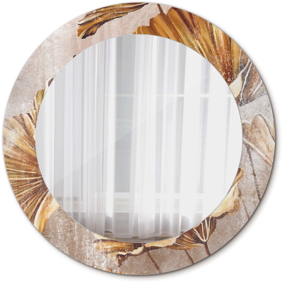 Tulup Ronde Spiegel met Boho Bladeren op Gehard Glas - Geel - Diameter: 60 cm