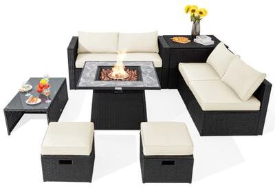 Costway 9 Pieces Outdoor Wicker Sectional with 35 Inch Gas Fire Pit Table-White