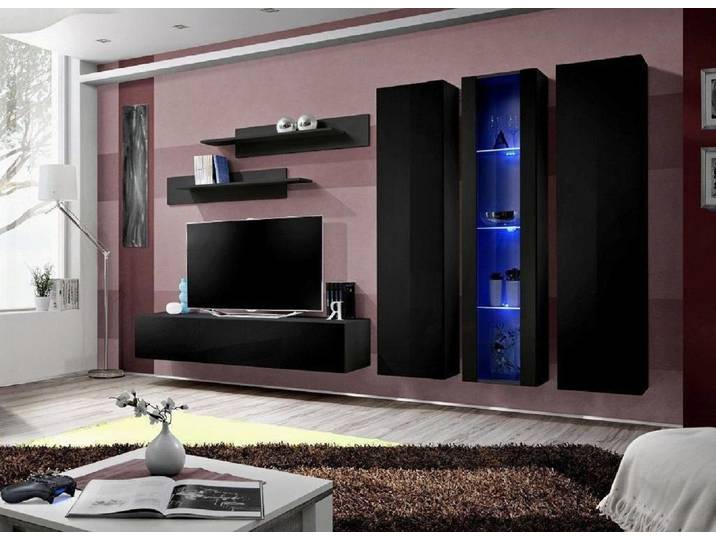 Xlmoebel Wohnwand Schwarz lackierter Holzschrank mit TV-Halterung, (6-St., 1x Wohnwand+1x TV Ständer+1x Hänge Vitrine+2x Wandschrank+2x Wandregal), Hergestellt in Europa