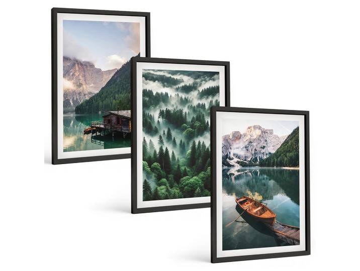 Tulup Bilder SET 3er Set - 40x60 cm Schwarzer Rahmen - Bergsee, Boot, Waldnebel, Kunststoff, Rechteckig, 40x60 cm, gerahmt, Bilder & Rahmen, Bilder