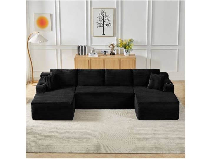 Canapé modulable U 6 places en velours côtelé noir sans montage compressé