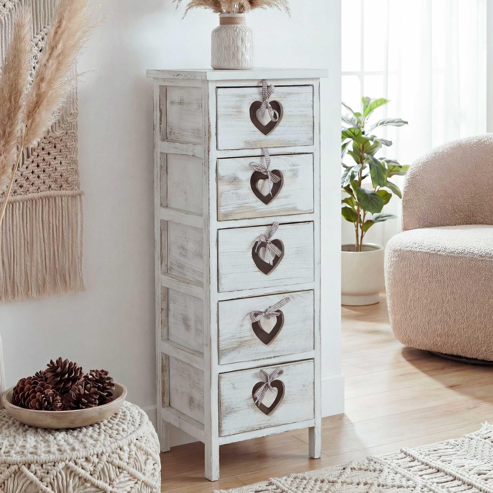 Kommode Sues, Schubladenkommode Schrank, 5 Schubladen mit Herzen 86x29x25cm, Shabby-Look, Vintage