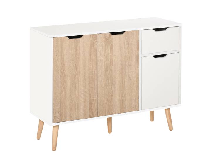 HOMCOM Aparador Moderno Aparador para Salón con 3 Puertas y Cajón Mueble Auxiliar para Salón 90x30x72 cm Blanco y Natural