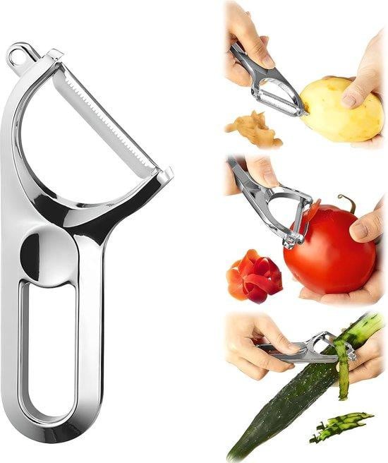 Multifunctionele groentesnijder en rasp met dubbelzijdig mes en zinklegering, zilver