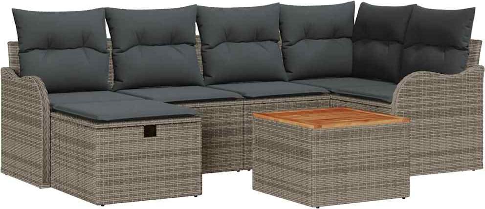 Gartenmöbel-Set 7-teilig, modular mit Stauraum, Poly Rattan & Akazie, Grau, für 6 Personen, inklusive Kissen, UV-beständig
