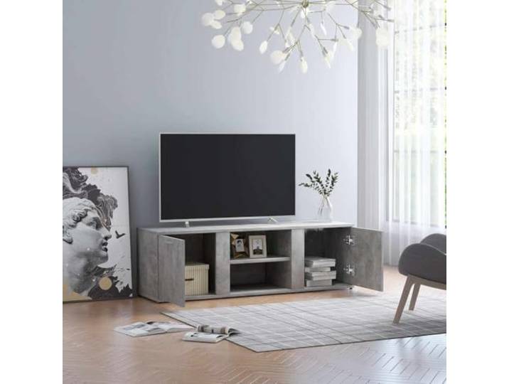 HEFZGDB TV-Schrank Betongrau 120x34x37 cm Holzwerkstoff mit 2 Türen und 2 offenen Fächern für Multimedia-Geräte und Aufbewahrung, robuster TV-Unterbau mit zeitlosem Design