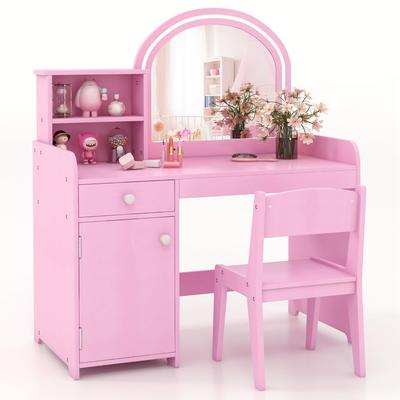 Kids Makeup Table& Chair Set Toddler Vanity Set W/2-Color LED Lights