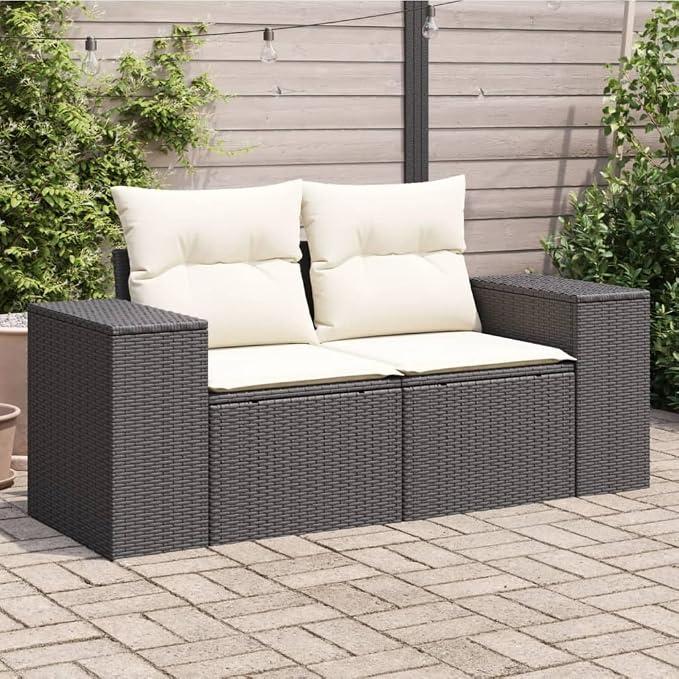 Gartensofa mit Kissen, 2-Sitzer, schwarz, aus Polyrattan, für den Außenbereich, für den Garten, Bett, Sofa, Sofa, Gartensofa, Wohnzimmer, Terrasse, Außenbereich, Möbel h