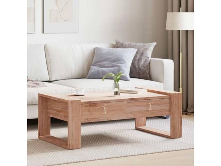 pokgdf Couchtisch 110x60x40 cm Teak Massivholz mit 2 Schubladen Kolonialstil, rustikales Design, Hartholzplatte, vielseitig nutzbar, einfacher Aufbau