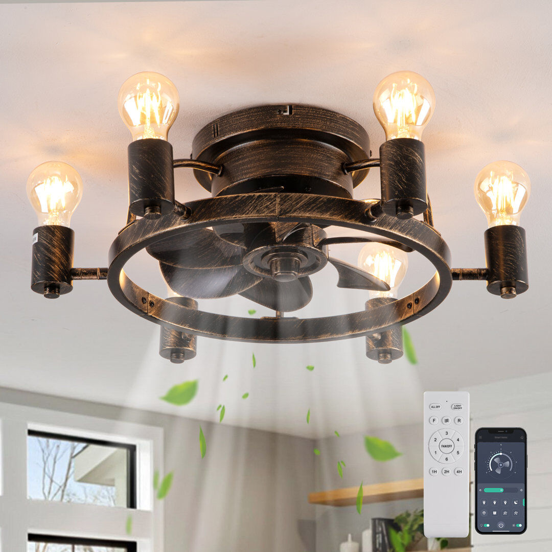 Blue Elephant 52 cm Farmhouse Reversible Caged Ceiling Fan with Light Kit and Remote Black with Brushed Gold 52cm