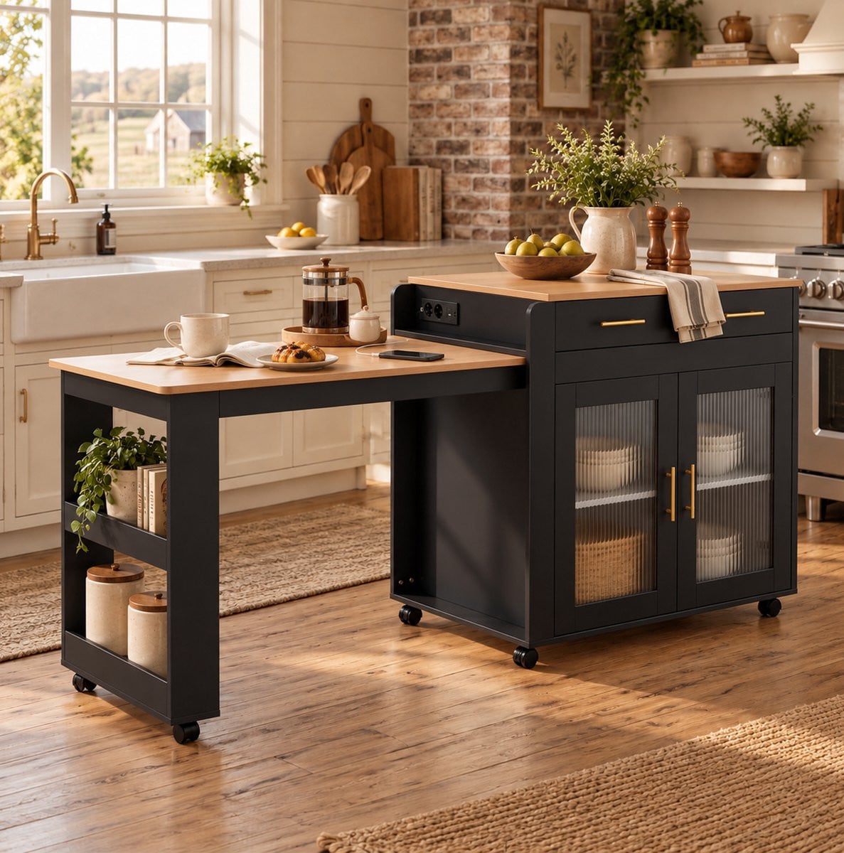 Wishdor Keukeneiland met uitschuifbare tafel en opbergruimte - Zwart - B/D/H: 177 x 60 x 89,5 cm