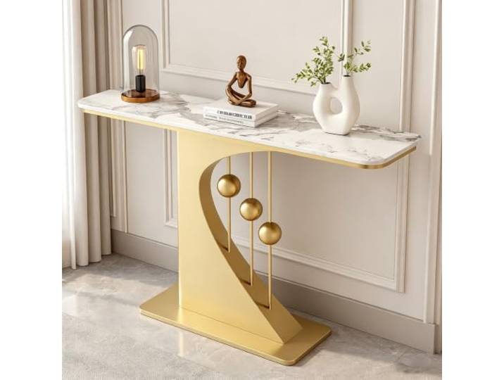 Moderner Schmaler Konsolentisch, Konsole mit Robuster Metallhalterung Sinterstein, Kratzfest, Schmales Design, Einfache Montage, für Eingangsbereich(GOLD+White-GOLD,39IN(100CM))