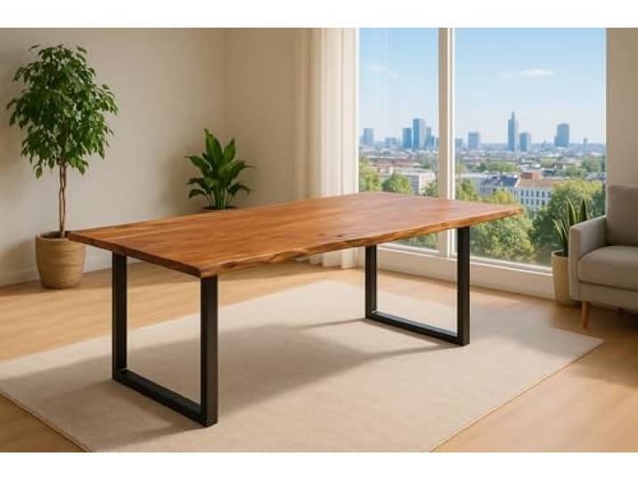 SAM Esstisch Laurina 220x100 cm Akazie Nougat Baumkante U-Gestell schwarz Baumkantentisch massiv, Akazienholz nougatfarben, Metallgestell, Esszimmertisch