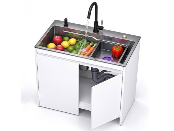 Küchenspüle Unterschrank Set mit Armatur 304 Edelstahl Spültisch mit Großem Freiraum & Geruchsstopp Ablaufschlauch, Komplettes Zubehör(White (Floor Base),68cm/26.8in)
